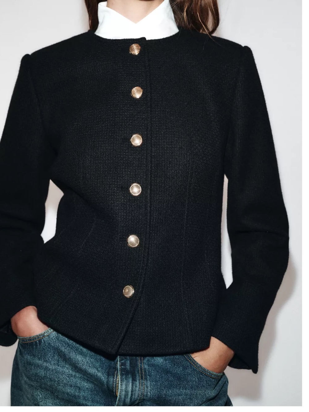 Zara Black Textured Jacket with Gold Buttons